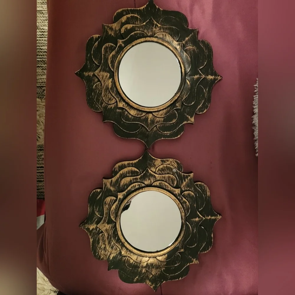 Two Matchinh Rustic Sunburst Gold and Black Decorative Wall Mirrors! 9.5x9.5